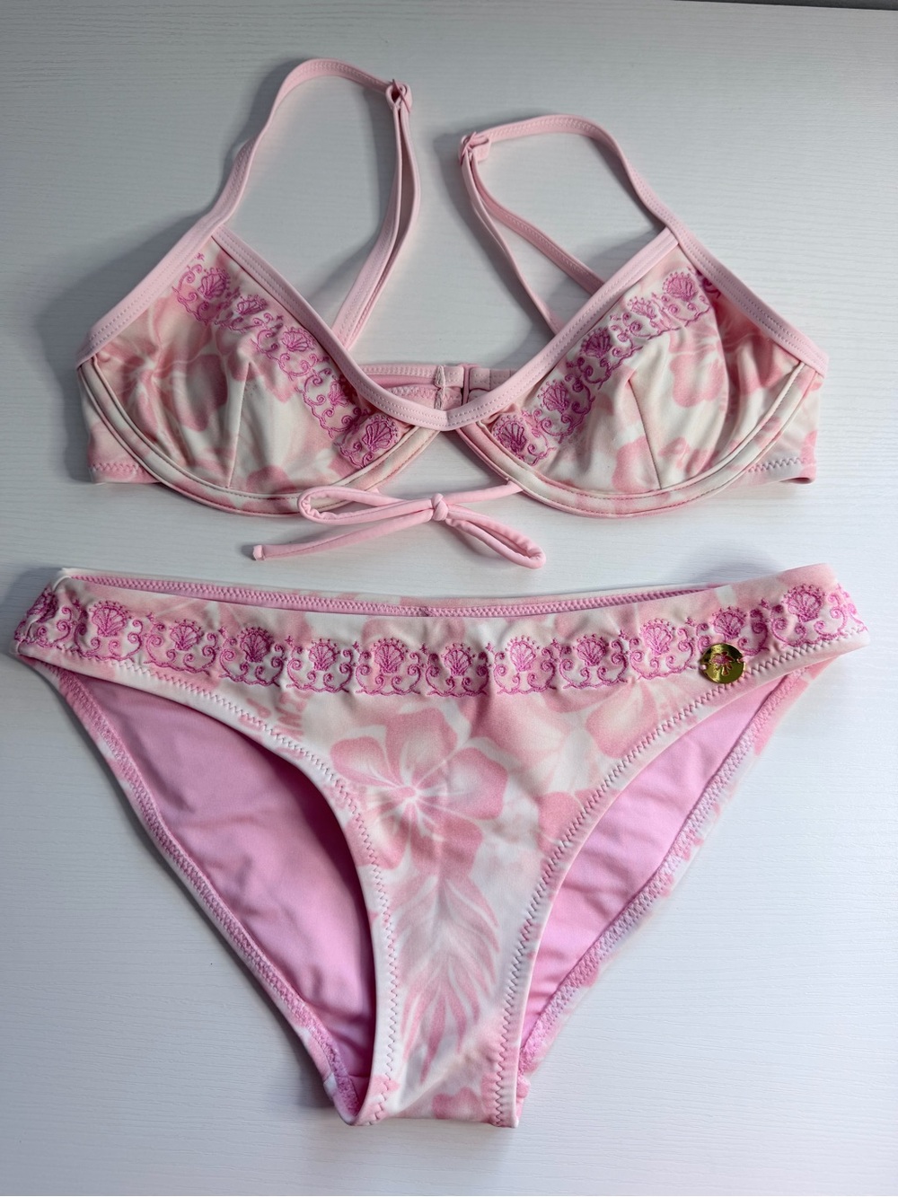 Pink Palm Puff bikini Luna top XS Vela bottom in XXS in Paradise Pink 2 pieces